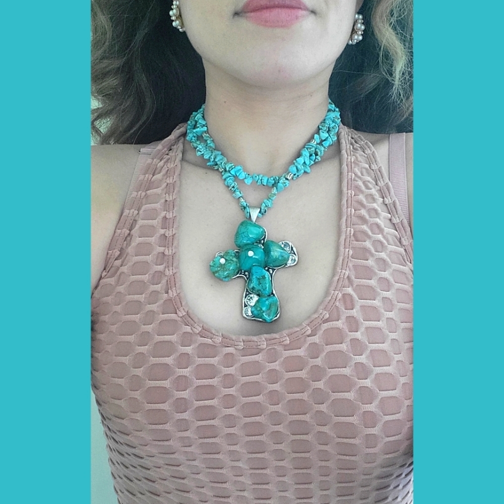 Chunky Tourqoise Bohemian Cross Statement Necklace